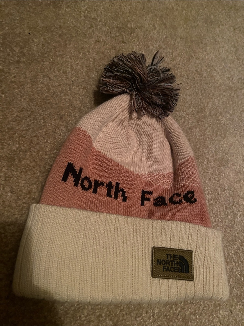 The North Face Pom Beanie in Pink, Cream & Brown